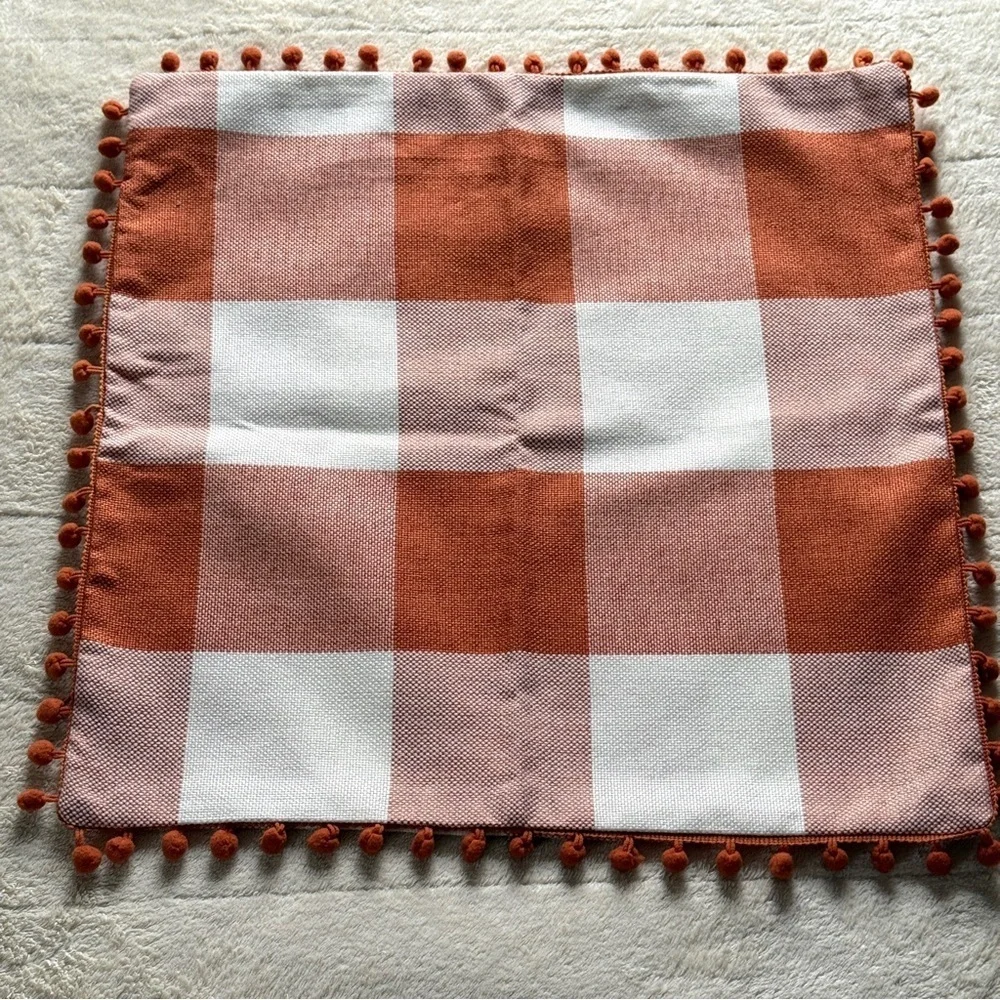 Fall Pillow Covers - Set of 2 Buffalo Orange and White Plaid, Pumpkin, Pom Poms